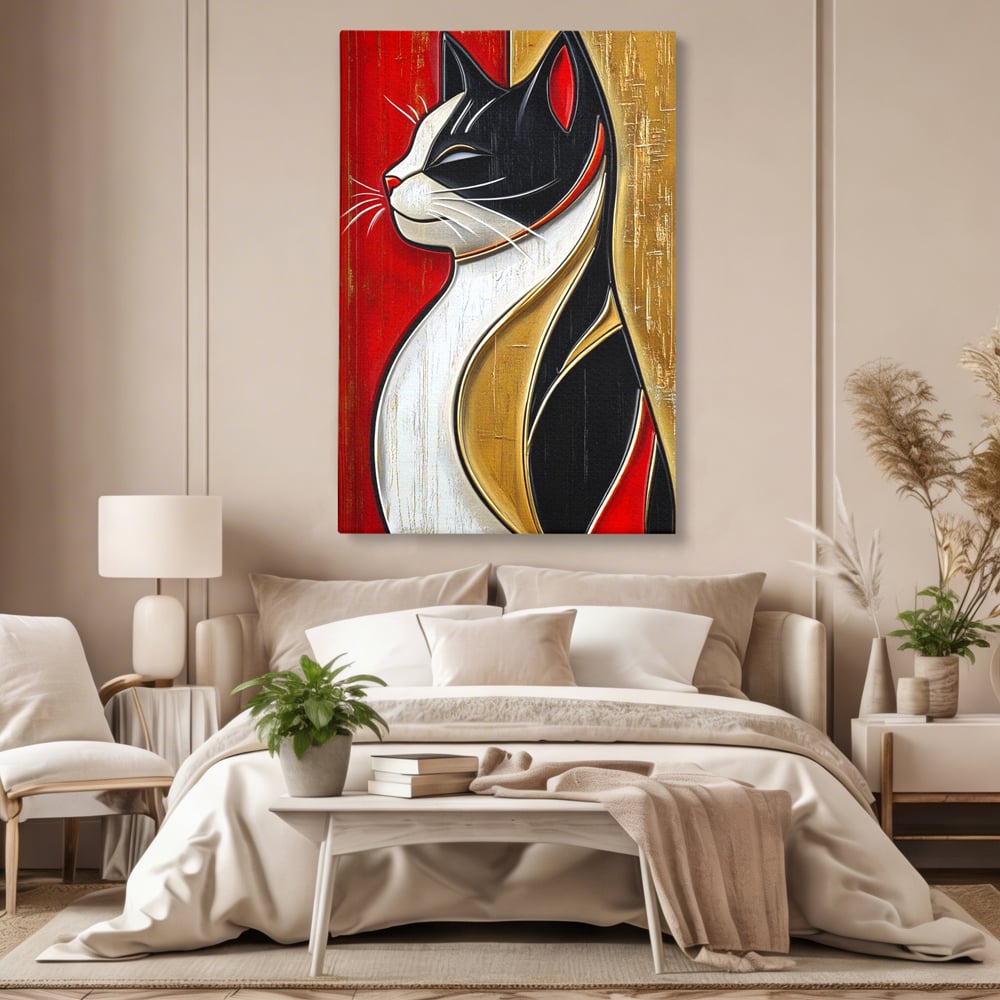 Tablou canvas cu tablou canvas cu pisica in profil, fara rama, pe sasiu de lemn, pe perete intr-un dormitor